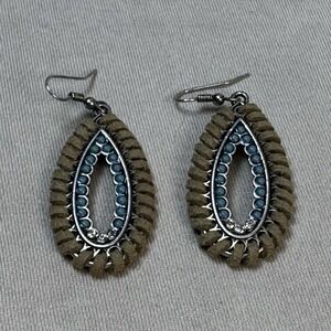 Silver Tone Tear Drop Boho Earrings Wrapped Leather Blue Beads